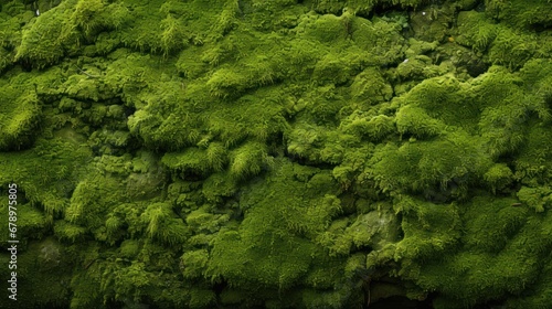 A close up of a green moss covered wall surface.