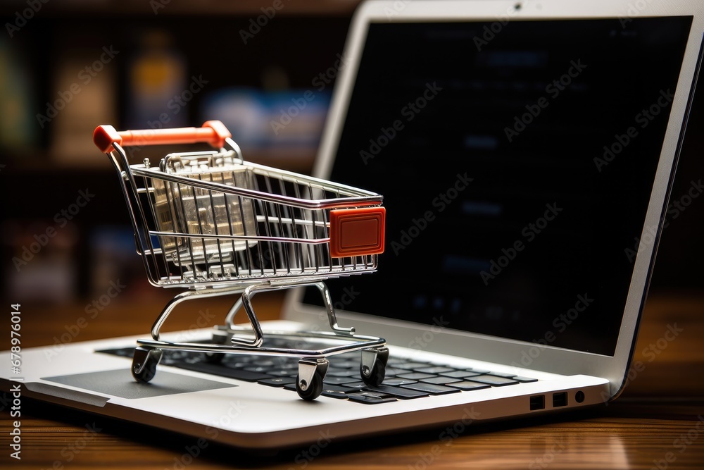 A model shopping cart on a laptop, Online Business and E-Commerce Concept