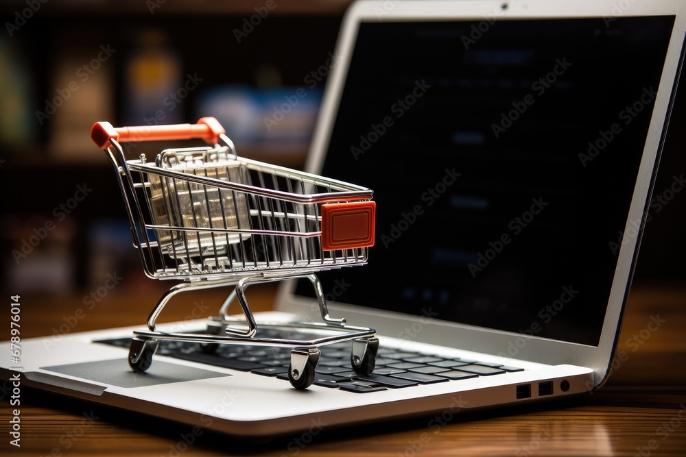 A model shopping cart on a laptop, Online Business and E-Commerce Concept A model shopping cart on a laptop, Online Business and E-Commerce Concept