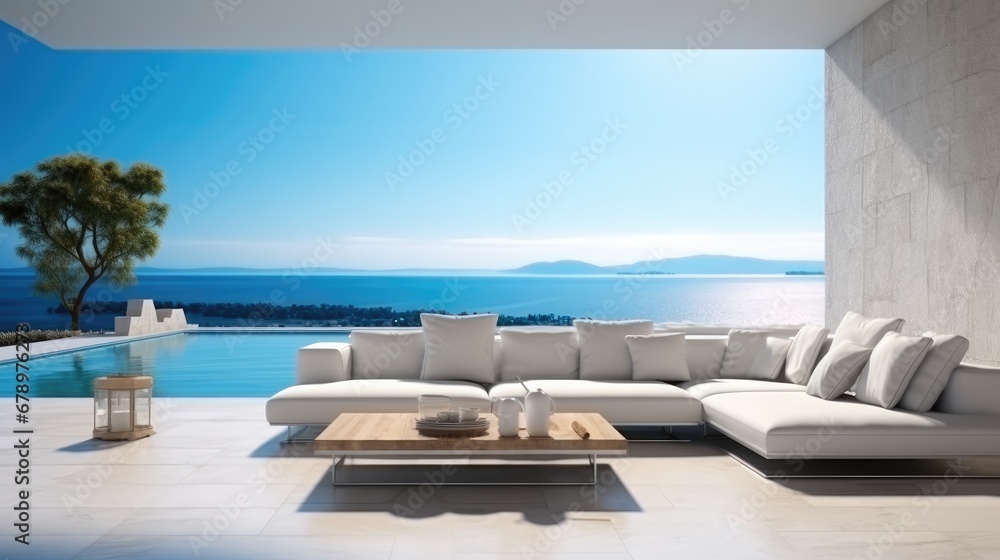 Fototapeta premium Interior modern open plan lounge patio close to the pool and ocean in background on one side behind the wall, White lounge suite.
