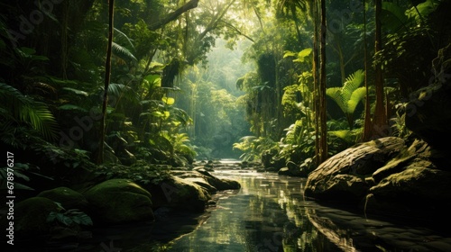 Lush green forest, tropical rainforest, tranquil scene, mysterious © sirisakboakaew