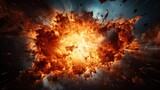 Realistic explosion with fire against a dark background.