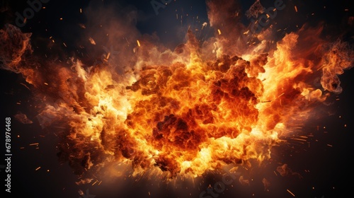 Realistic explosion with fire against a dark background. © sirisakboakaew