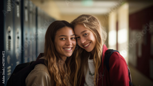Happy, best friends and women portrait smiling wearing a backpack, in university, college or school. Confident, hugging, and playful youth female for studies, learning and higher education