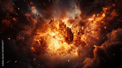 Realistic explosion with fire against a dark background.