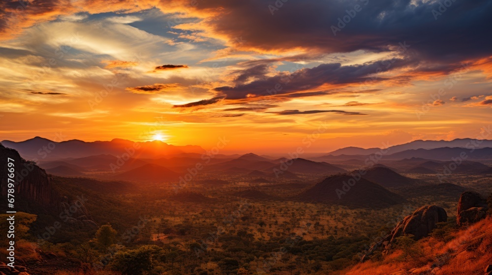 Sunset over majestic mountain range, tranquil wilderness