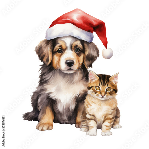Watercolor Cute australian shepherd dog and cat in santa hat isolated on transparent background. © Songyote