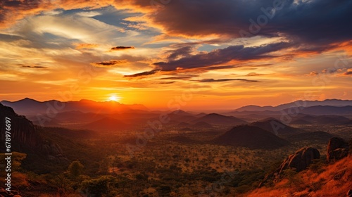 Sunset over majestic mountain range, tranquil wilderness © sirisakboakaew