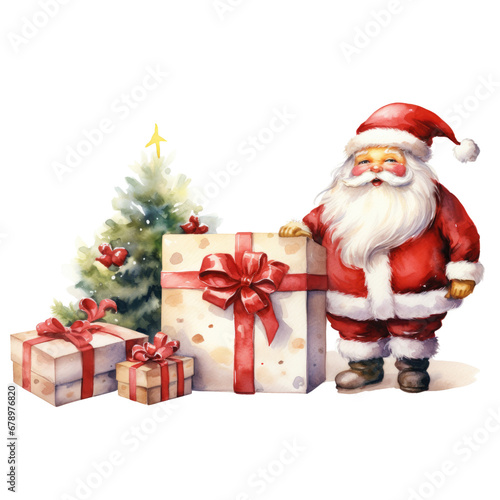 Santa Claus with gift boxes and christmas tree. Watercolor illustration isolated on transparent background.