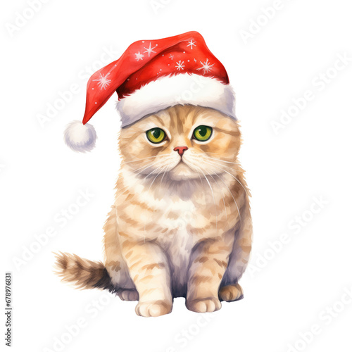 Cute ginger cat in Santa Claus hat isolated on transparent background. Watercolor illustration.