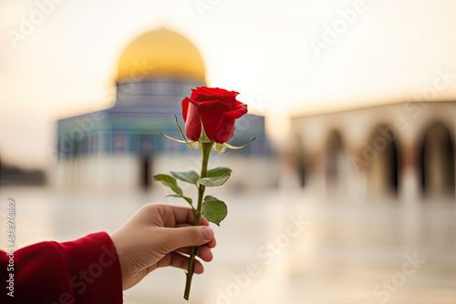 female hand holding a red rose in front of blurred al aqsa mosque, peace concept photo