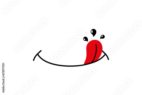 Tongue with drool. Logo for tasty eat. Character of hungry and pleasure. Black cartoon emoji on white background. Doodle avatar of delicious food. Mouth with saliva for enjoy.  photo