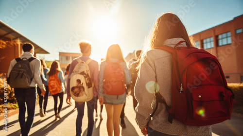 Diverse, students and group of teenagers walking towards school, campus or university for learning and education. Students and friends walking together in summer or sunny day © MalamboBot/Peopleimages - AI