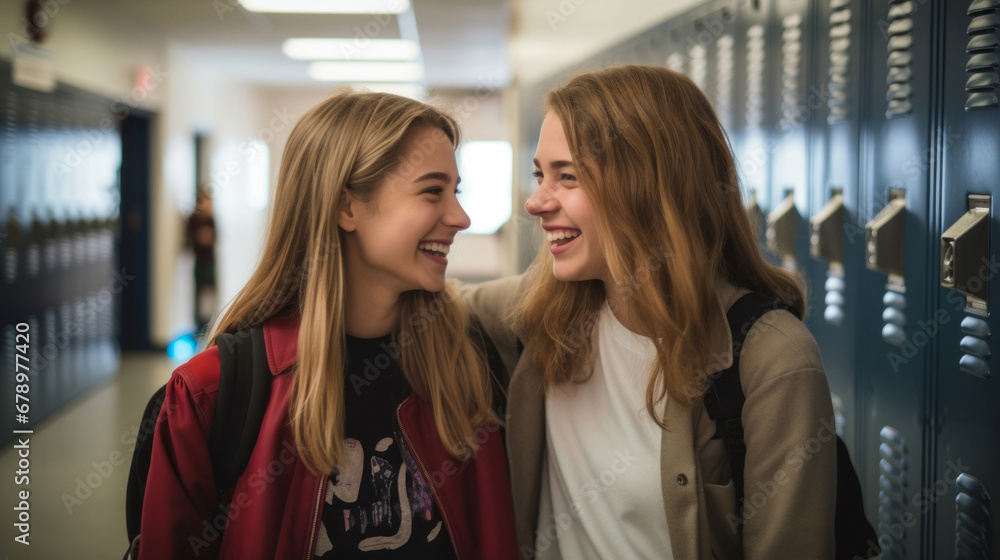 Happy, best friends and women portrait smiling wearing a backpack, in university, college or school. Confident, hugging, and playful youth female for education, learning and higher education