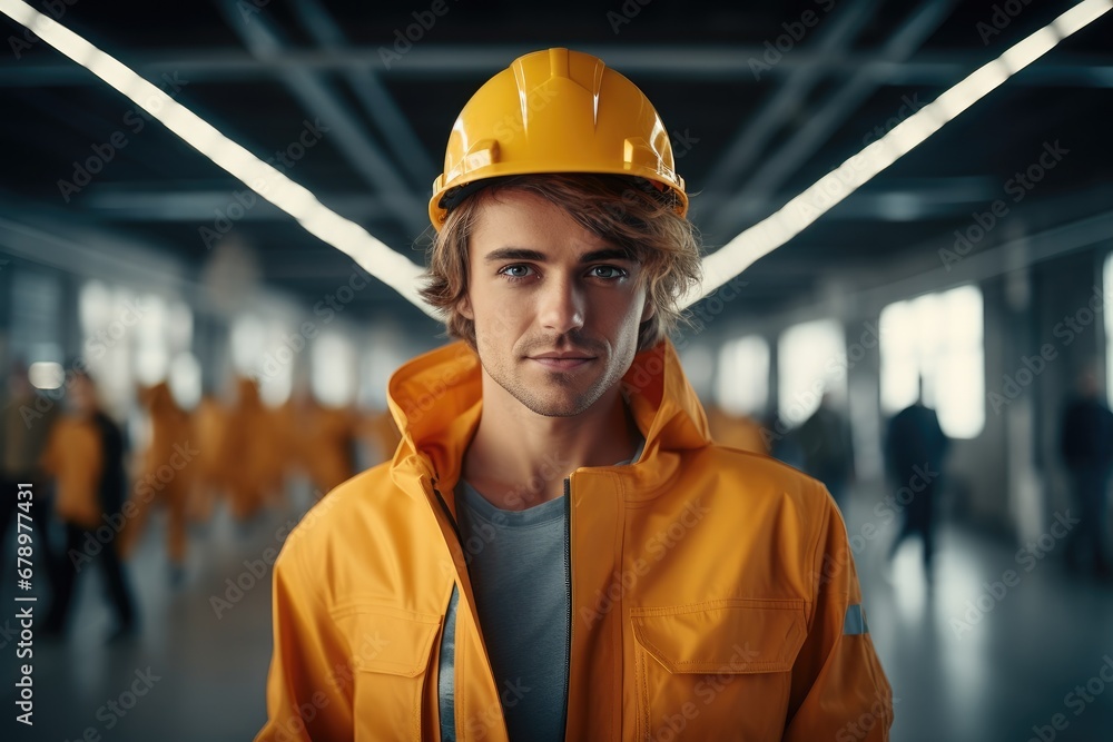 Specialist engineer wearing a yellow uniform and in a modern factory. Specialist engineer wearing a yellow uniform and in a modern factory.