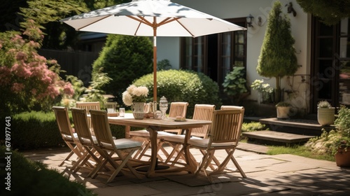 A table with chairs and an umbrella set up in the house s garden. During the summer or spring season.