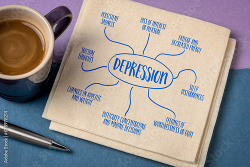 depression infographics or mind map sketch on a napkin, mental health concept photo