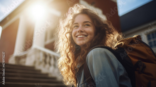 Happy, woman or student portrait smiling wearing a backpack, at university, college or school. Confident, happy, and motivated youth female for education, learning and higher education photo