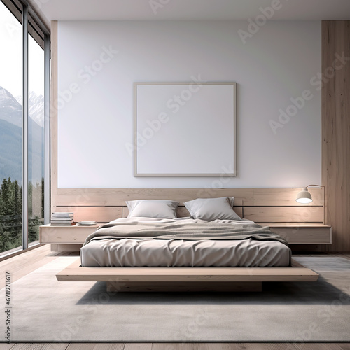 Empty picture frame mockup, square orientation, placed on a wall in the window bedroom with natural light, bed, blanket, and decorative items. Simple, modern, and minimal interior style.