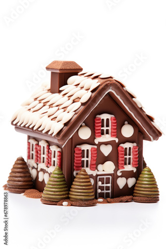 Christmas chocolate marzipan house on white background