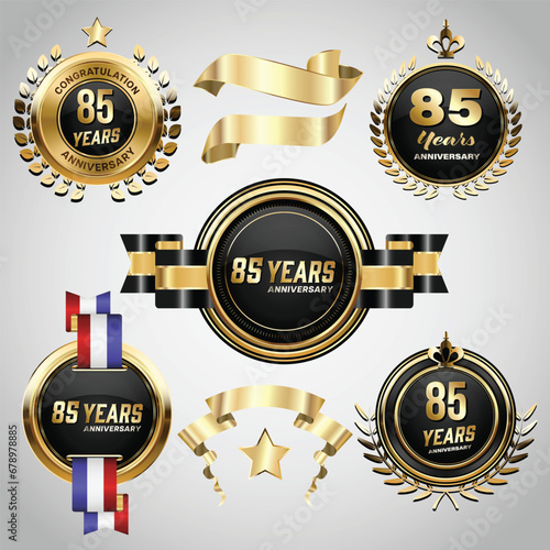 85 years anniversary logo with golden ribbon. Set of Vintage Anniversary Badges Celebration