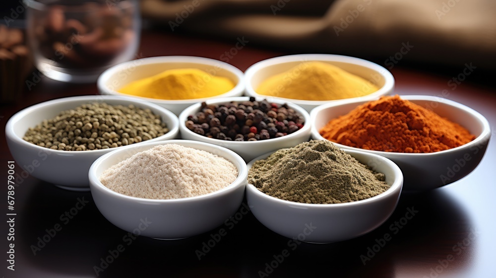 Close-up spices in white bowls. Close-up spices in white bowls.