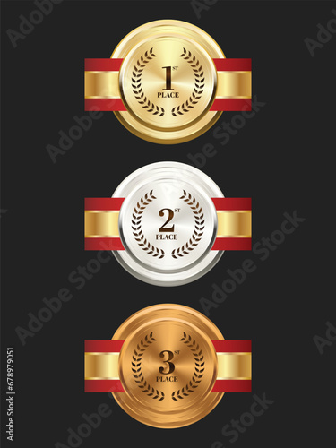 Gold, silver and bronze medals on ribbons realistic illustrations set