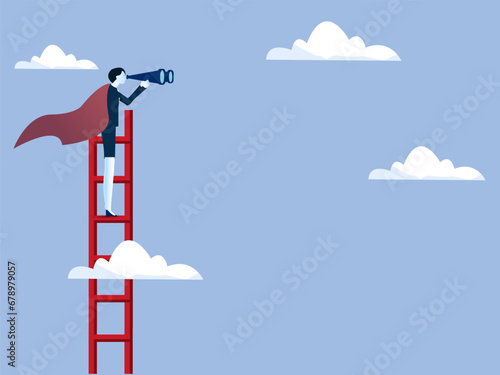 Business vision concept vector with business woman standing on top of a ladder above the clouds. Symbol of new opportunities, career ladder, vision, success, promotion vector illustration.