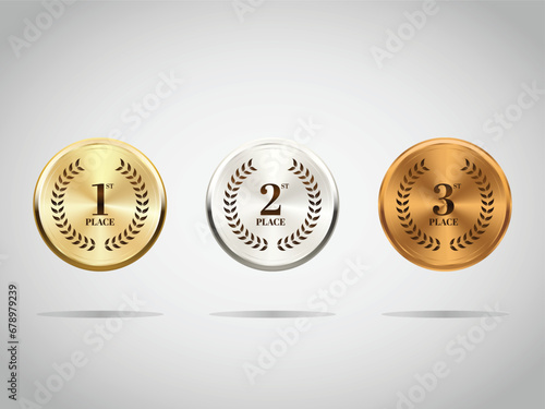 Gold, silver and bronze medals on ribbons realistic illustrations set