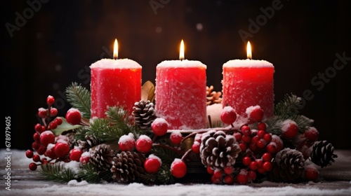 Snowy Christmas Scene  4 Advent Candles in a Festive Wreath