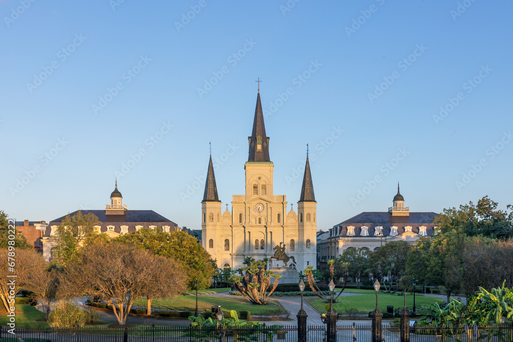 scenic early morning view to St. Louis cathedral at Jackson square in New Orleans, USA