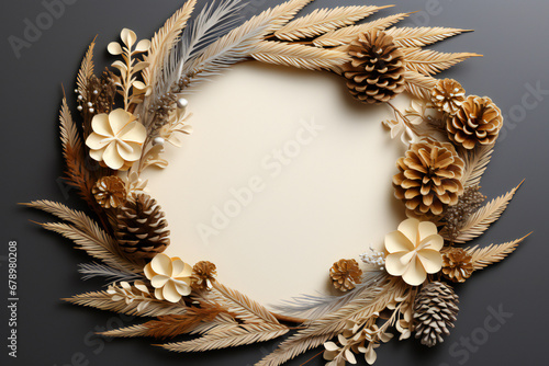 Top view of Christmas background with branches and pine cones, balls, spices, cookies. Golden New Year wreath with decorations. Round frame, copy space. 