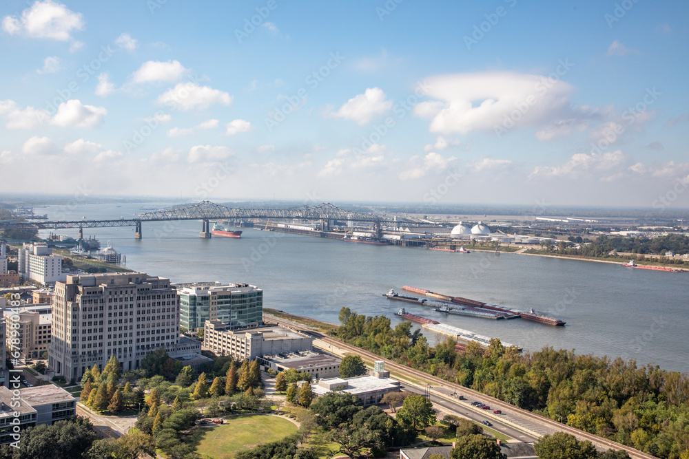 view from state capitol tower in Baton Rouge to river Mississippi and town view from state capitol tower in Baton Rouge to river Mississippi and town