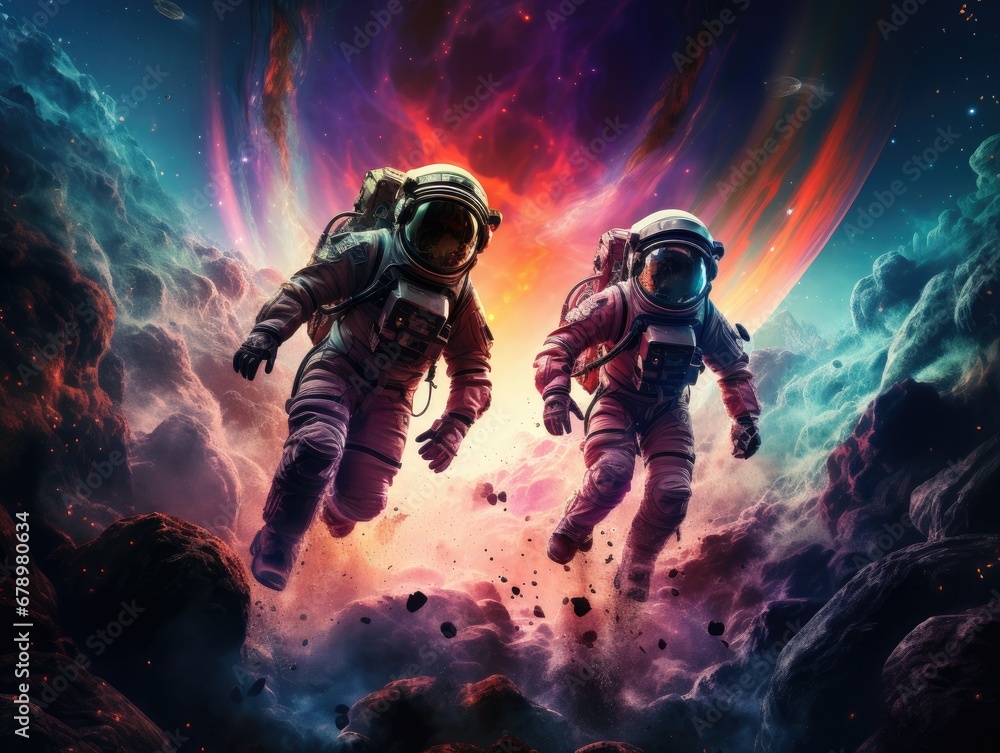 Space explorers in futuristic space suits navigating the vibrant expanse of the solar system, venturing into the great unknown. Space explorers in futuristic space suits navigating the vibrant expanse of the solar system, venturing into the great unknown.
