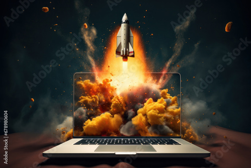 Business liftoff Space rocket shuttle launches from laptop, symbolizing progress and success. AI Generative magic elevates this concept of advancement.