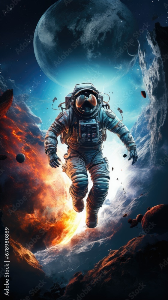 Fototapeta premium Space explorers in futuristic space suits navigating the vibrant expanse of the solar system, venturing into the great unknown.