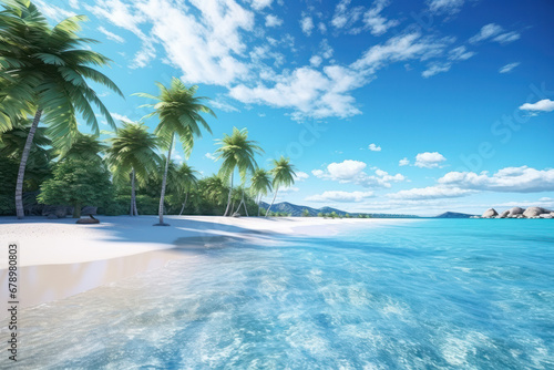 Let the beauty of this tropical oasis captivate you  where palm trees and clear waters paint a picture of pure relaxation. AI Generative paradise.