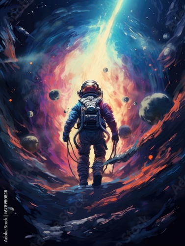 Space explorers in futuristic space suits navigating the vibrant expanse of the solar system, venturing into the great unknown. © jackson