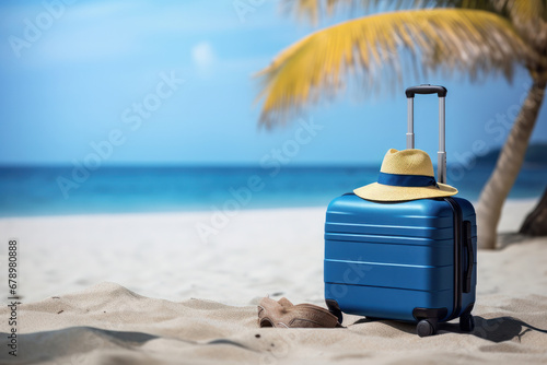 Sandy beachfront beauty A blue suitcase and a chic straw hat enhance the allure of this coastal paradise is AI Generative.