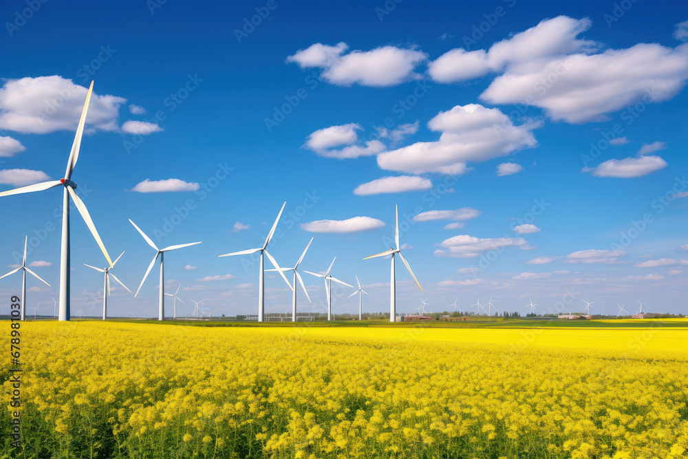 A serene yellow rapeseed field with windmills A serene yellow rapeseed field with windmills