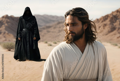 The Devil tempted and tested Jesus in the desert. Biblical scene concept. photo