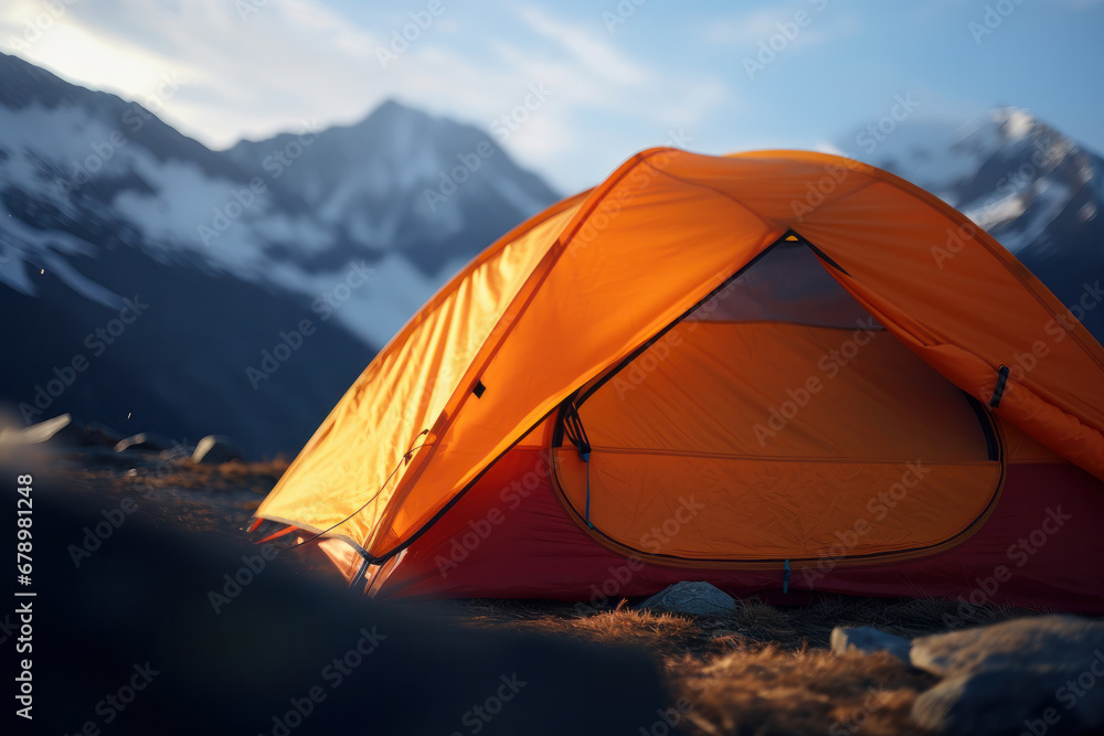 A bright sunrise illuminates a tent on a hill amidst the mountains, offering a vintage outdoor experience. AI Generative.