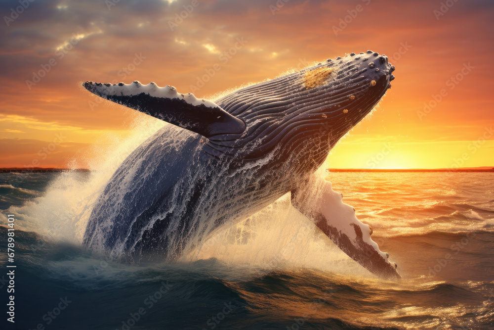 Fototapeta premium Experience the wonder of a humpback whale's leap off Madagascar's St. Mary's Island. A rare and beautiful sight in marine biology and nature photography. AI Generative.
