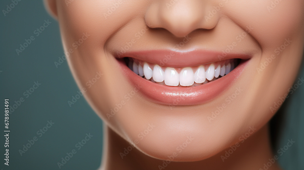 Fototapeta premium Young woman with perfect healthy pearly white teeth smile.
