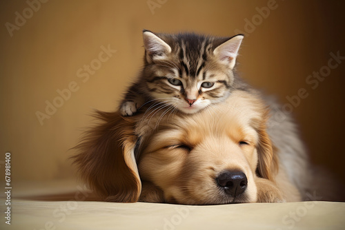In an isolated moment, a kitten sits happily on a dog's head, showcasing a unique bond between two cute pets. AI Generative.