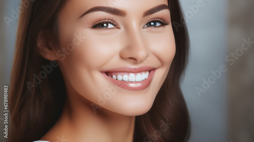 Young woman with perfect healthy pearly white teeth smile.