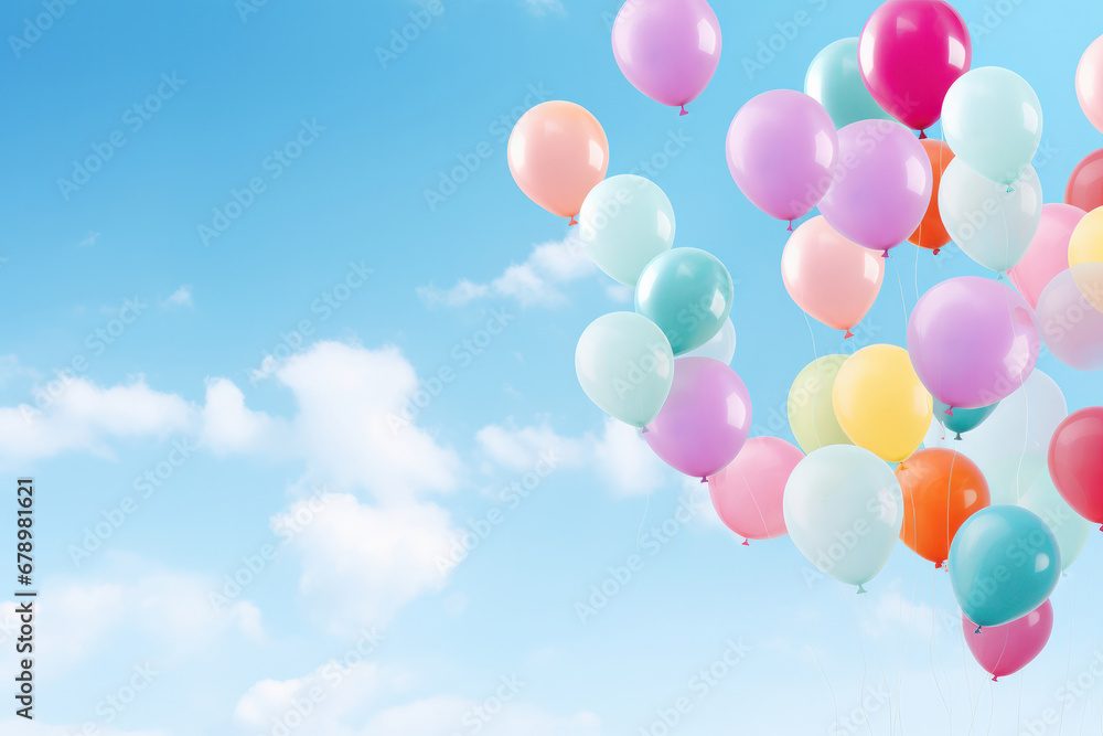 Bright and cheerful balloons fill the sky in a closeup of a bunch a happy birthday celebration in the air. AI Generative.