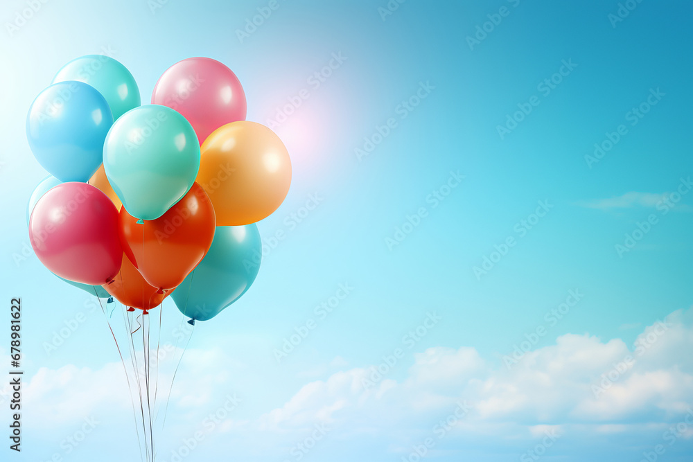 Many colorful balloons, a closeup bunch, create a bright and joyful atmosphere against the blue sky a perfect backdrop for a celebratory birthday party. AI Generative.