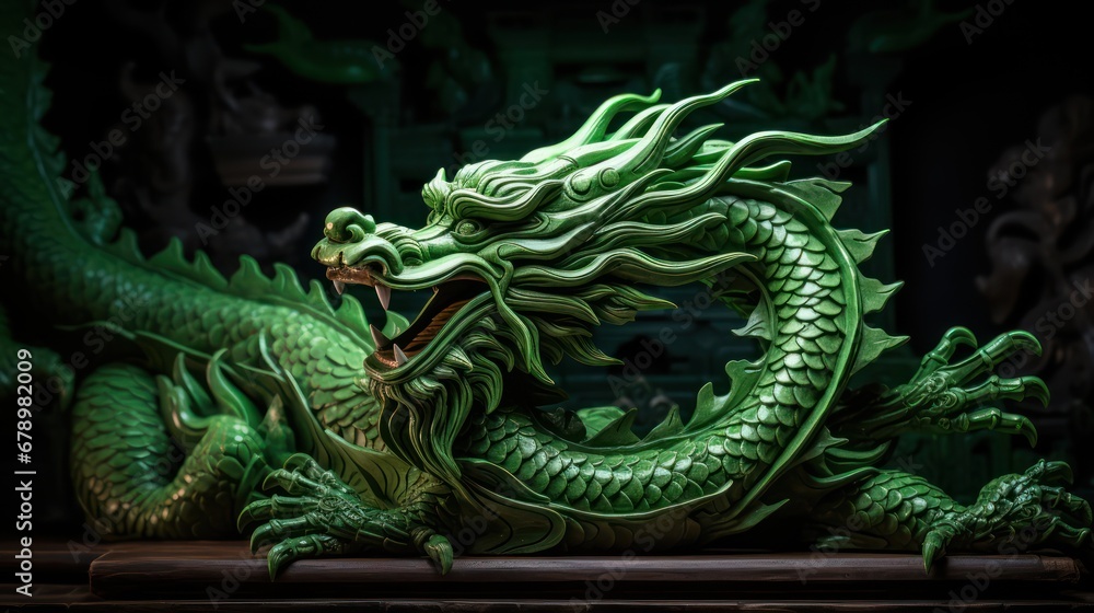 Obraz premium A Powerful green carved wooden dragon terrifying Chinese wood carving art Chinese New Year 2024 concept New Year greeting card background.