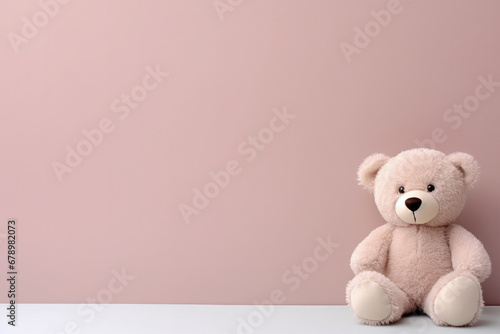 A pink teddy bear, the epitome of childhood love, sits joyfully on a bedchamber table. This cute toy is AI Generative. © Alisa